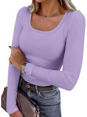 Women's Light Purple Long Sleeve Shirts Knit Basic Scoop Neck Fall Ribbed Tops